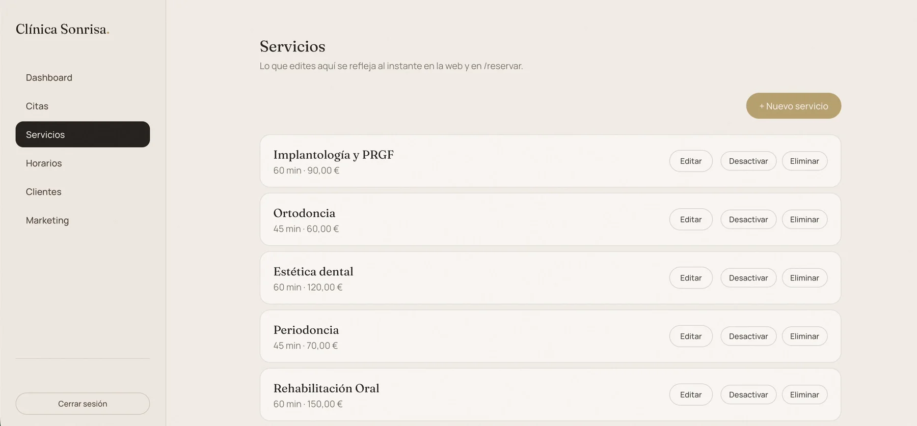 Lista de tratamientos de la clínica con su duración y su precio, y botones para editar, desactivar o eliminar